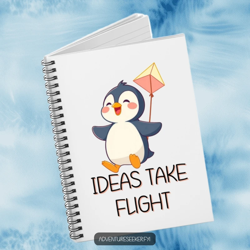 Funny notebook cover with a joyful penguin character soaring on a kite, perfect for capturing whimsical thoughts.