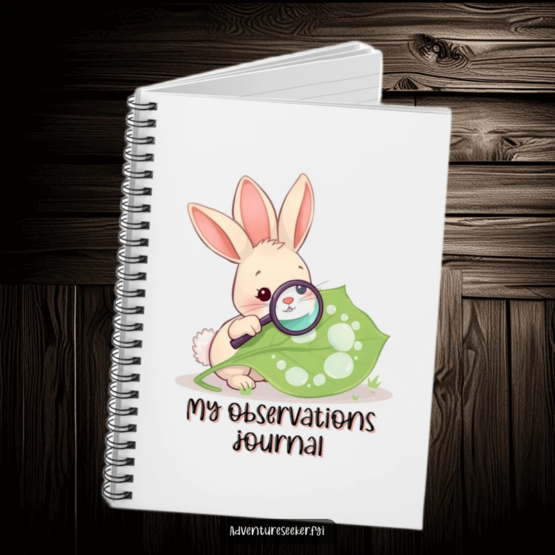 Funny Rabbit Magnifying Leaf Notebook. A rabbit examining a leaf with a magnifying glass, ideal for nature notes and sketches.