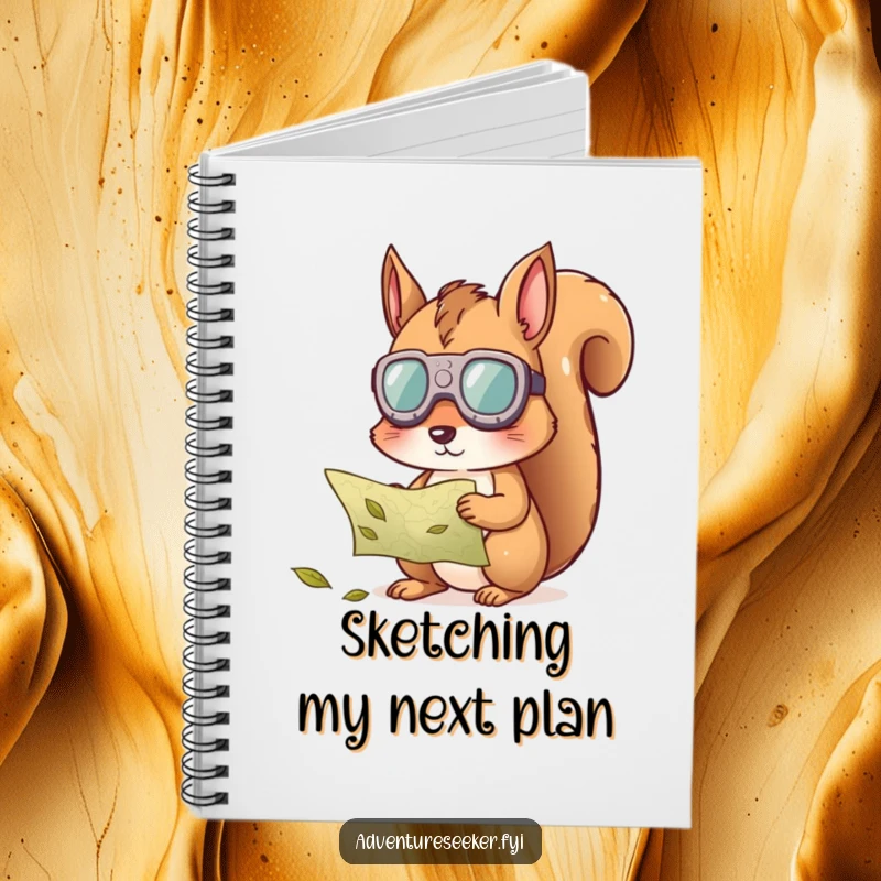 Funny squirrel map notebook cover, featuring a curious squirrel wearing goggles, studying a map made of leaves.