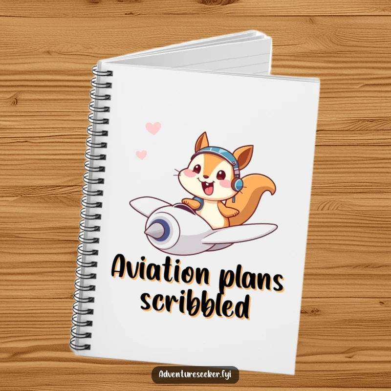 Funny notebook featuring a giggling squirrel pilot character joyfully flying a tiny plane, ideal for notes.