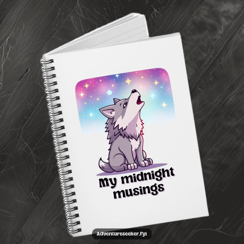 Funny notebook cover featuring a resolute wolf howling at a vibrant starry sky, perfect for capturing nocturnal musings, a creative gift.
