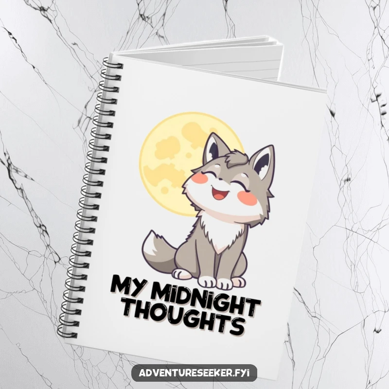 Funny wolf notebook depicting a smiling character joyfully howling at a stylized moon, perfect for jotting down wild ideas.