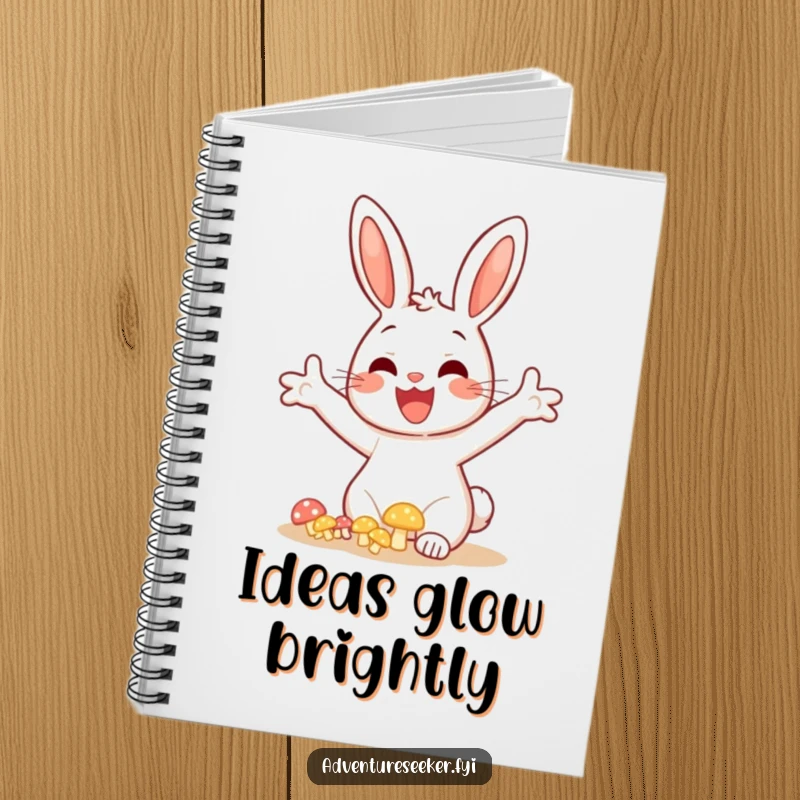 Funny bunny mushroom notebook cover, depicting a cheerful bunny finding glowing mushrooms with arms outstretched.