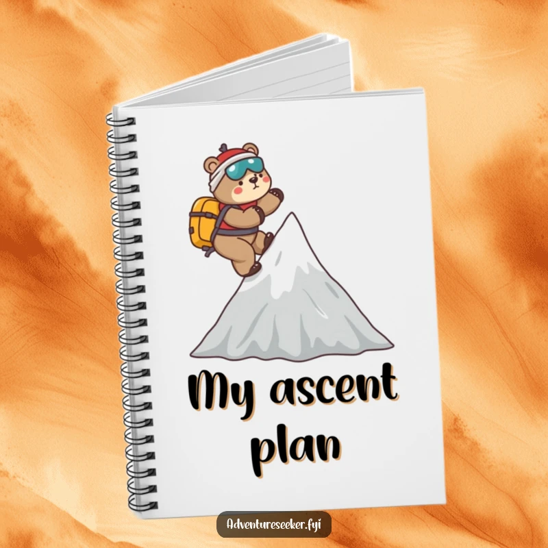 Funny Bear Mountaineer Notebook: Playful bear climbing a stylized mountain peak, providing a humorous and inspiring cover for notes and plans.