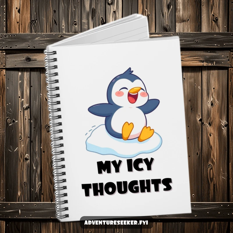 Funny notebook cover showcasing a cheerful penguin character sliding down ice, ideal for jotting notes with humor, a playful stationery item.