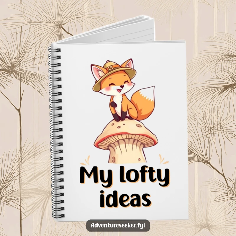 Funny Fox Pith Helmet Notebook. A fox climbing a mushroom, perfect for jotting down fantasy tales and adventure plans.
