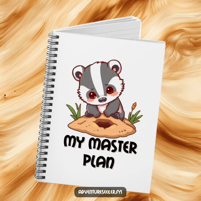 Funny badger notebook depicting a determined character digging a small hole with a hopeful expression, perfect for jotting down goals.