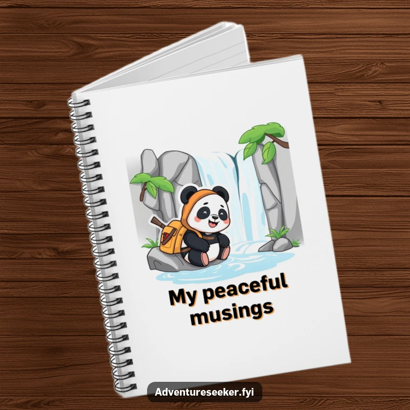 Funny notebook featuring a happy panda adventurer resting by a stylized waterfall, perfect for jotting down notes and happy thoughts.