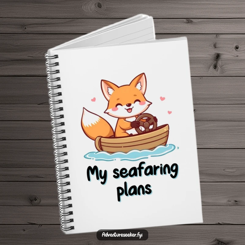 Funny notebook featuring a cheerful fox character happily steering a small boat, inspiring nautical-themed journaling and creativity.