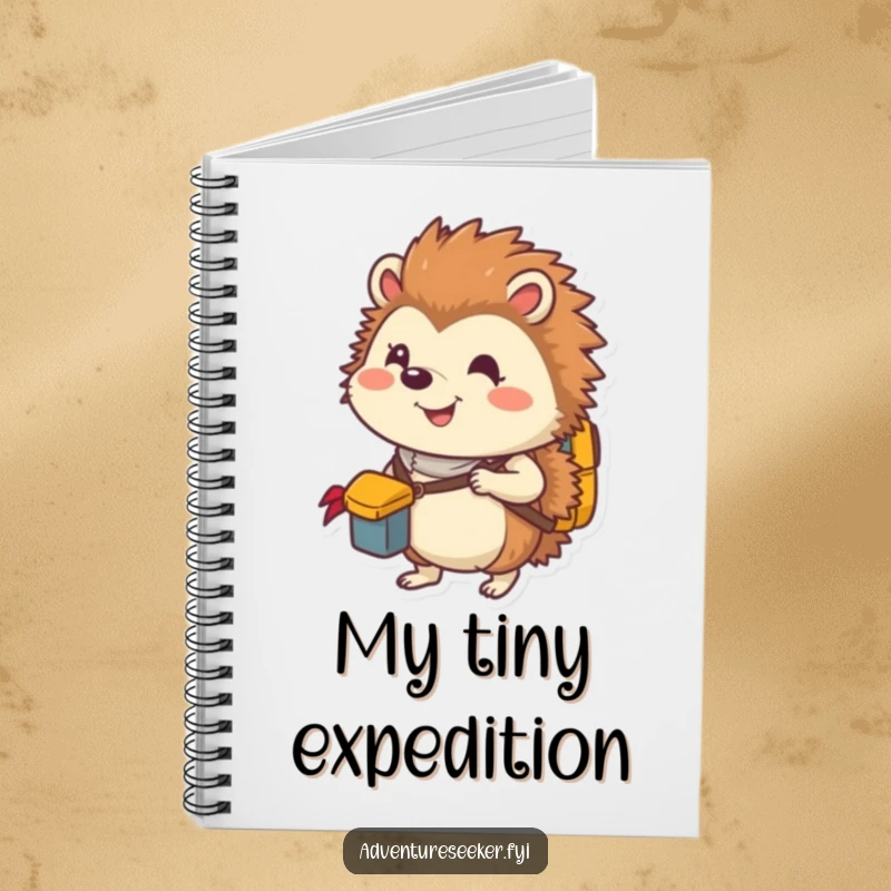 Funny notebook with a smiling hedgehog explorer packing a tiny backpack, perfect for planning adventures and noting supplies.