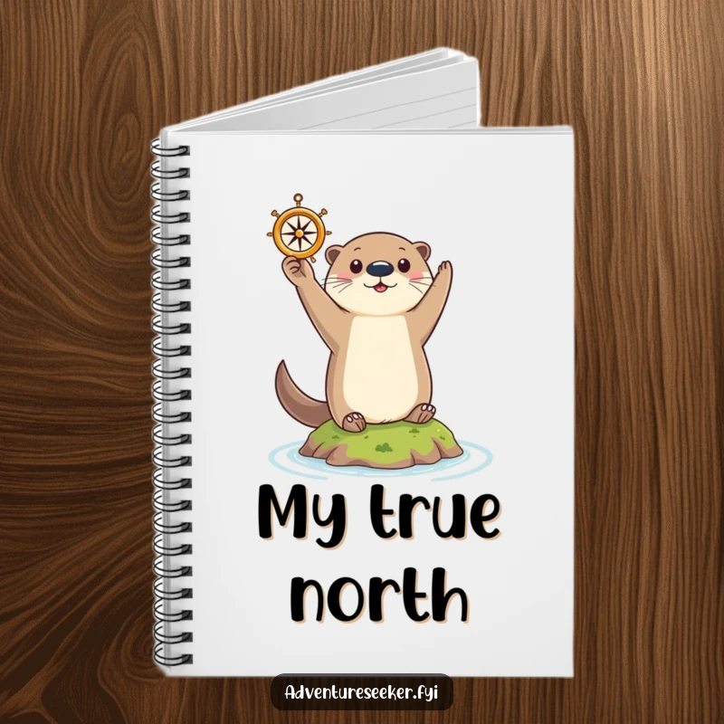 Funny Otter Notebook: Curious otter triumphantly holding a tiny compass aloft on a small island, for note-taking.