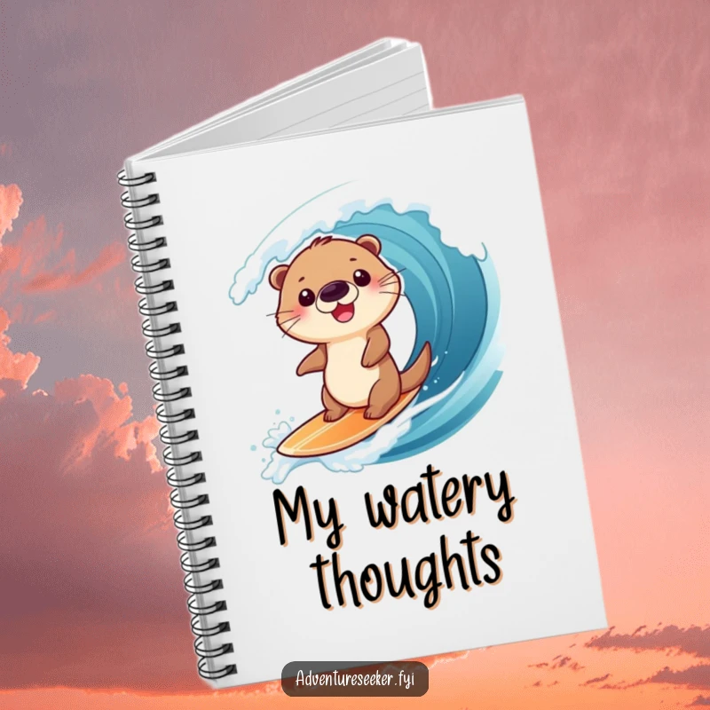 Funny notebook cover featuring a giggling otter character surfing a large ocean wave, perfect for jotting down ideas with a fun vibe, a creative gift.