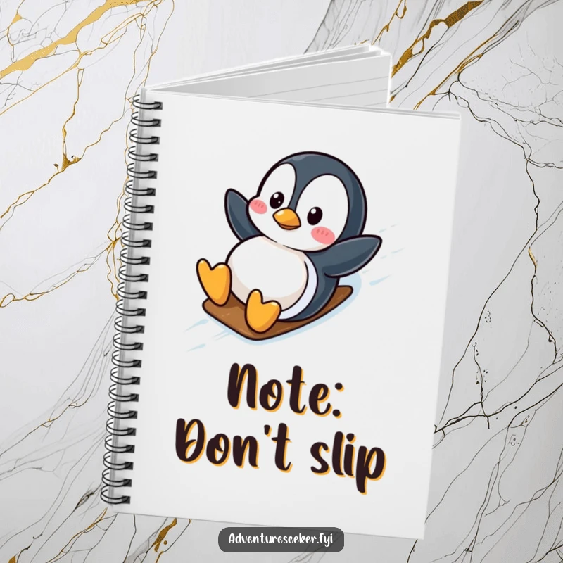 Funny wobbly penguin character on a notebook cover, sliding down an icy slope, inspiring fun notes. A useful funny gift.