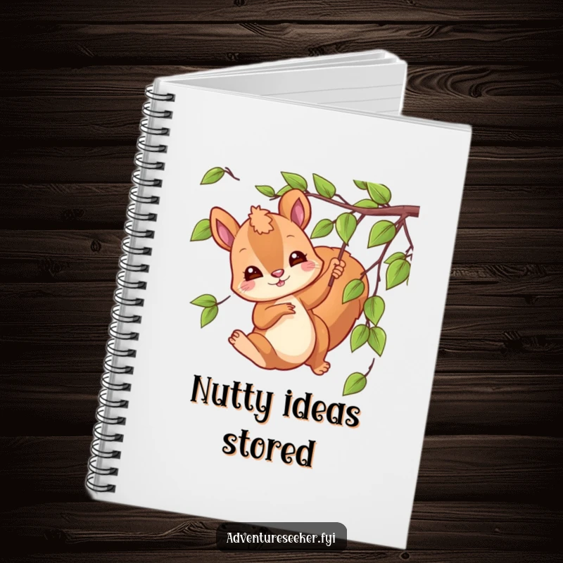 Funny swinging squirrel notebook with a playful character swinging from a vine, ideal for jotting down ideas.