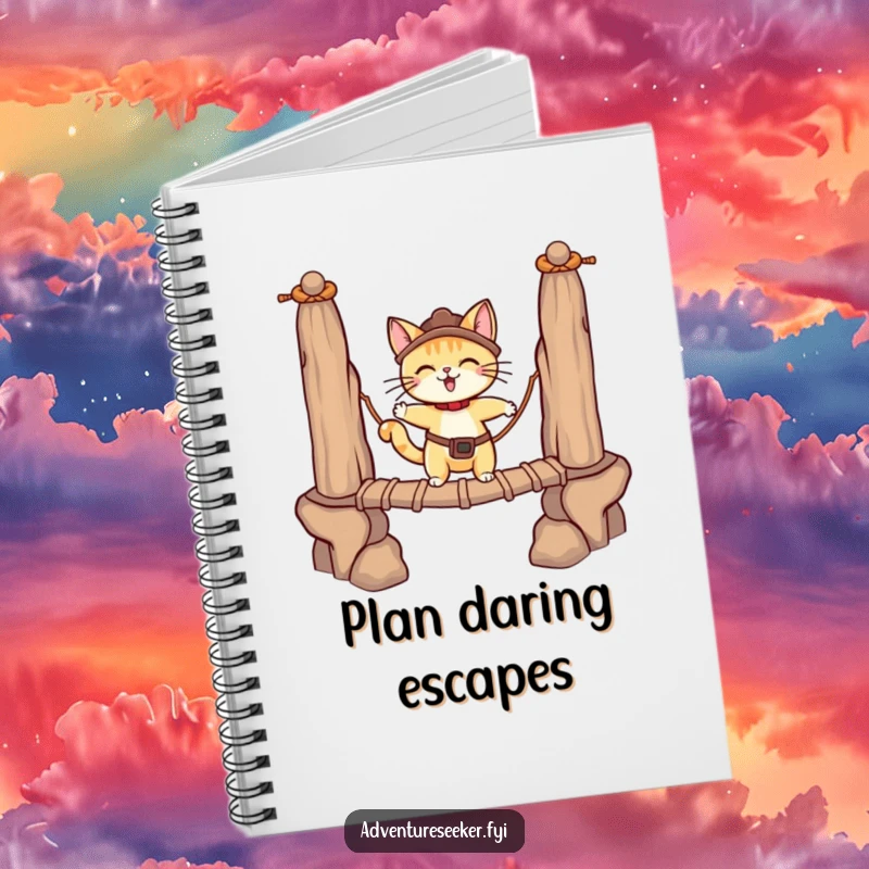 Funny adventurous cat character on a notebook cover, crossing a rope bridge, symbolizing bold notes. A useful funny gift.