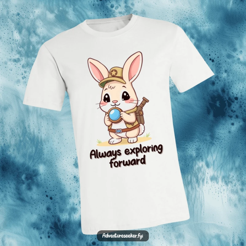 Funny Rabbit Explorer T-Shirt: Curious rabbit holding a mini compass, looking ahead eagerly, signifying adventure and a forward-thinking attitude, a fun gift.