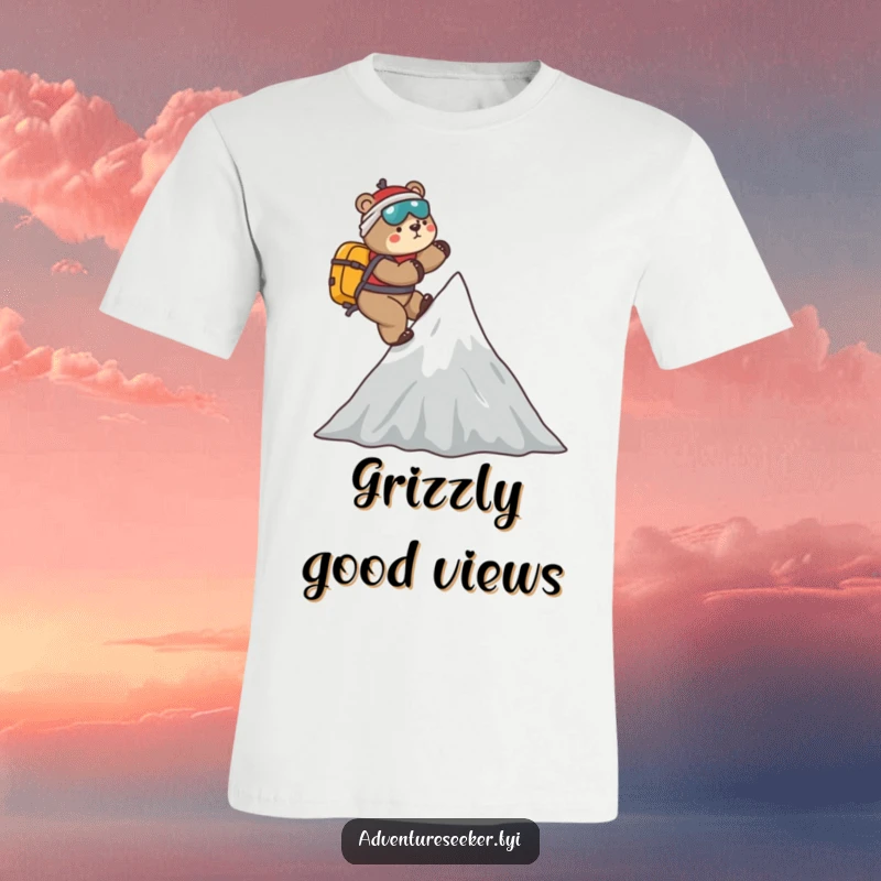 Funny Bear Climber T-Shirt: Playful bear mountaineer climbing a stylized mountain peak, representing adventure and a joyful pursuit of goals, a great gift.