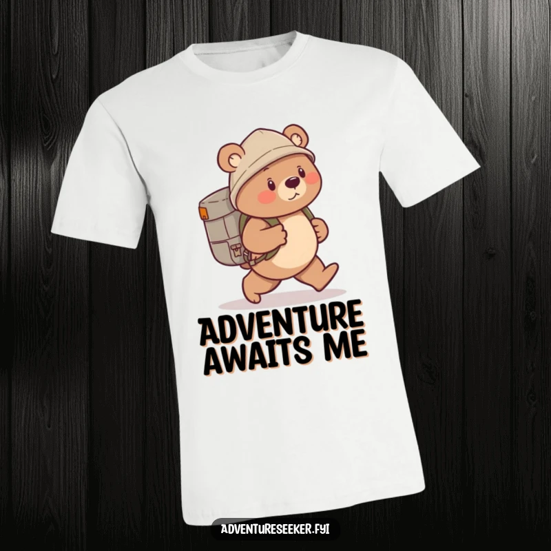 Funny bear explorer t-shirt featuring a cute bear with a backpack, full of determination for an exciting journey.