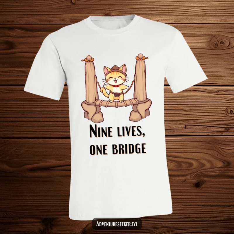 Funny adventurous cat character in a t-shirt, cautiously crossing a rope bridge with focus. A heroic funny gift.