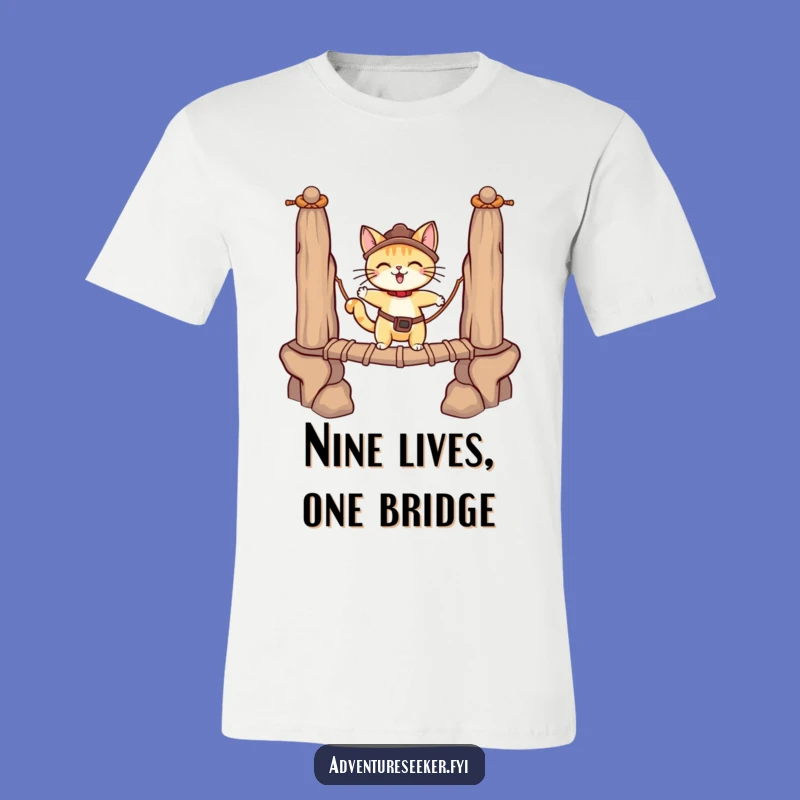 Funny Cat Bridge T-Shirt: Adventurous Kitty's Perilous Path, Comfy Tee