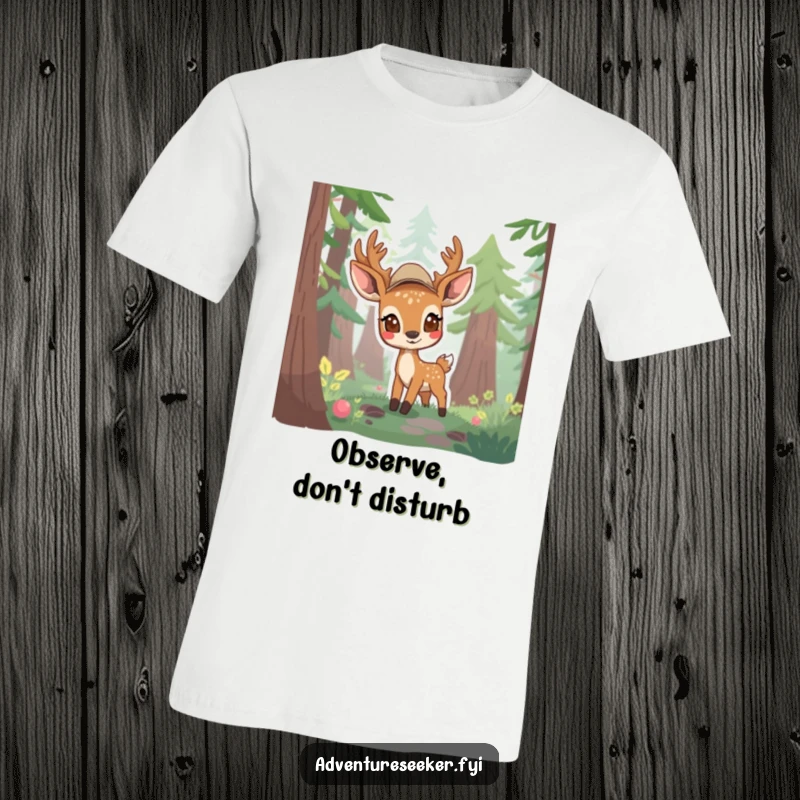 Funny t-shirt showing a shy deer scout cautiously peeking out from a dense forest, showcasing quiet curiosity and observation.