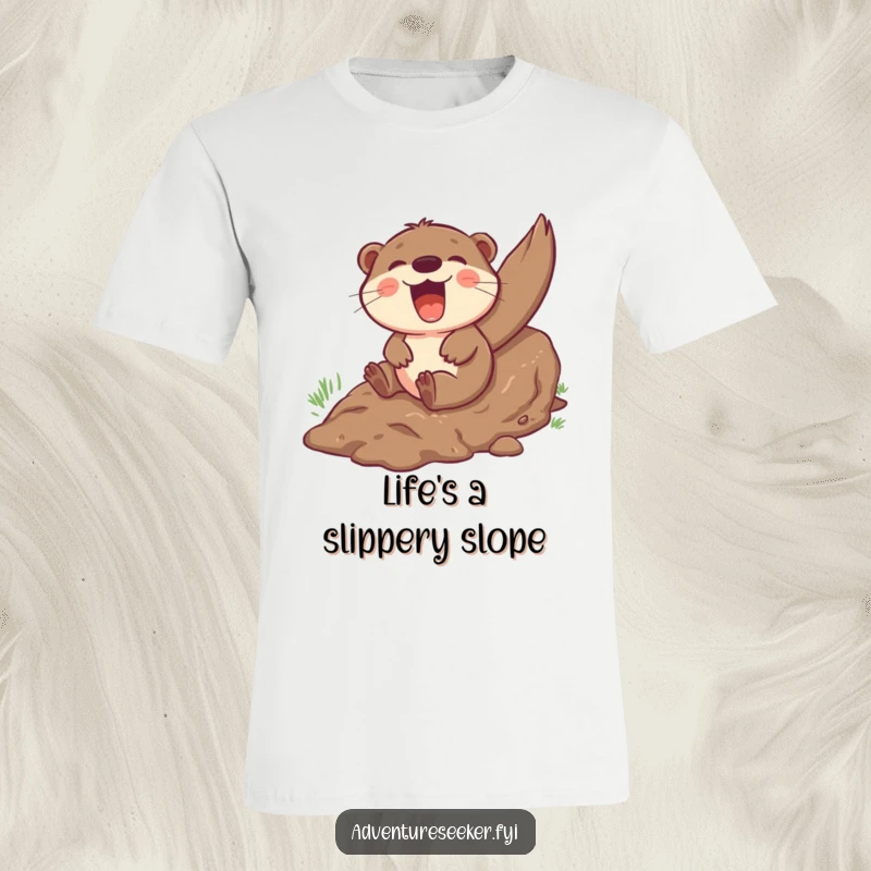 Funny otter t-shirt depicting a giggling character having a blast sliding down a muddy hill with infectious glee.