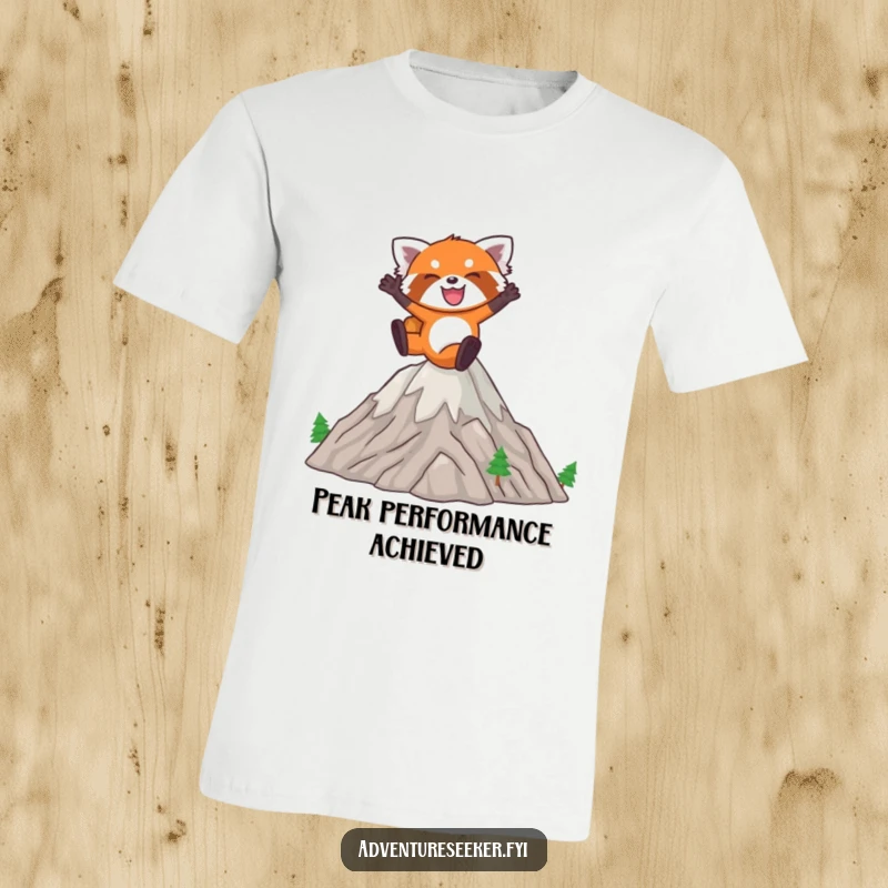 Funny Red Panda T-Shirt: Joyful red panda leaping energetically over miniature mountains with a wide grin.