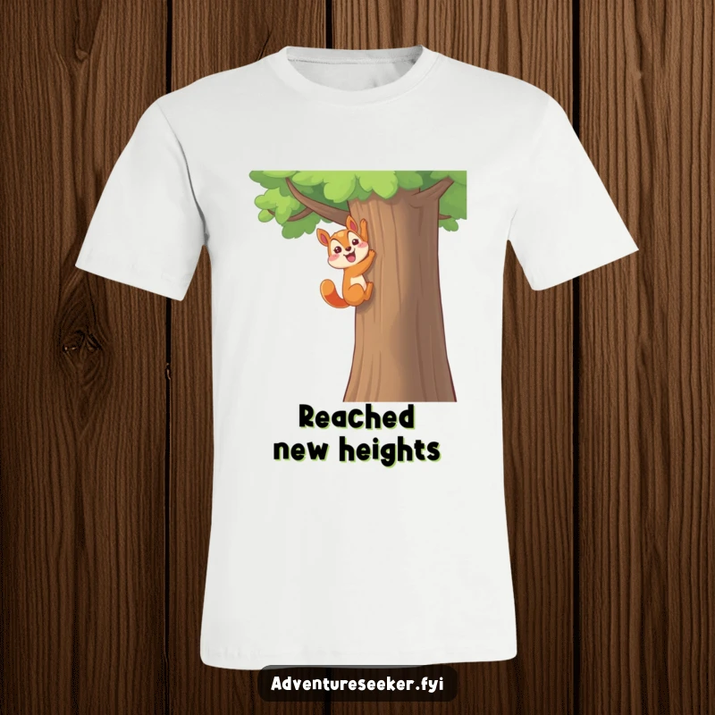Funny Squirrel T-Shirt: Happy character in a triumphant flourish while climbing a tall tree.