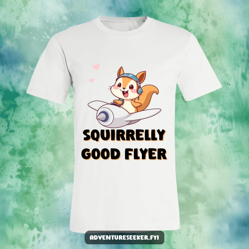 Funny t-shirt with a giggling squirrel pilot character joyfully flying a tiny plane through the sky, radiating pure happiness.