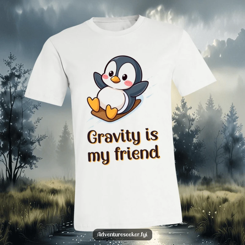 Funny wobbly penguin character wearing a t-shirt, sliding down an icy slope with pure delight. A cool funny gift.