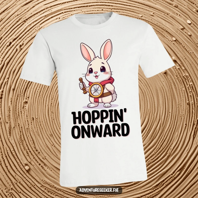Funny rabbit explorer t-shirt featuring a brave rabbit holding a compass, gazing towards the horizon with courage.