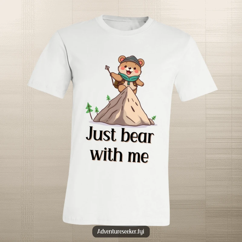 Funny t-shirt with a cute bear adventurer character joyfully conquering a stylized mountain, radiating pure happiness and a love for exploration.