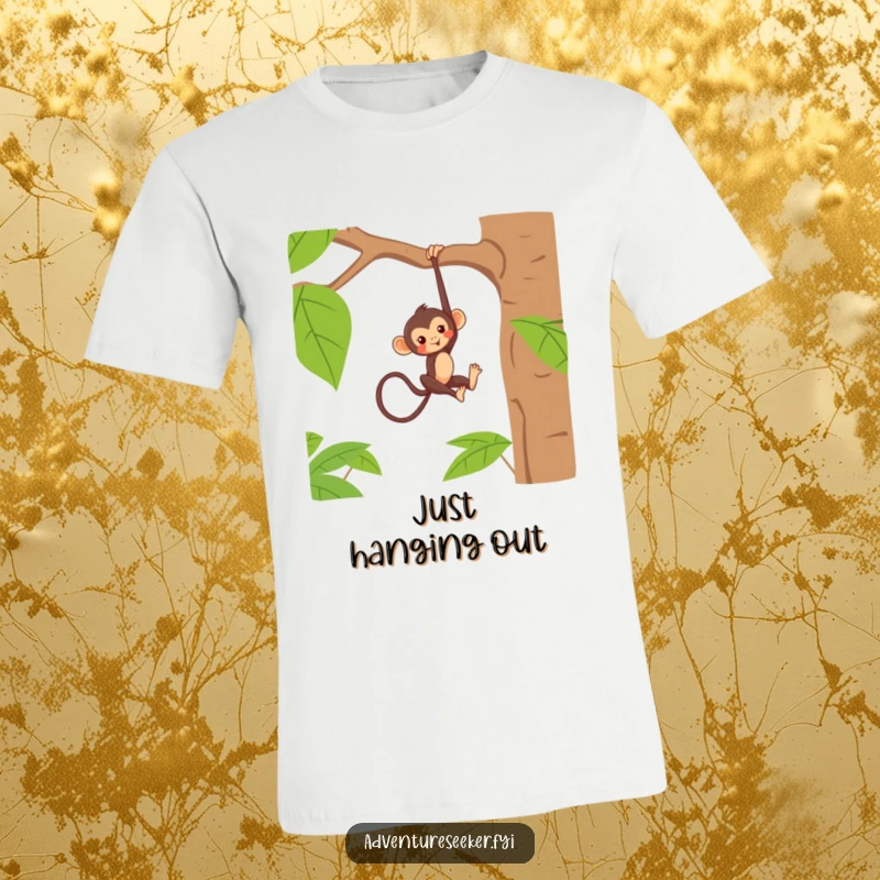 Funny t-shirt depicting a mischievous monkey character hanging playfully from a jungle tree branch, ready for some jungle antics.