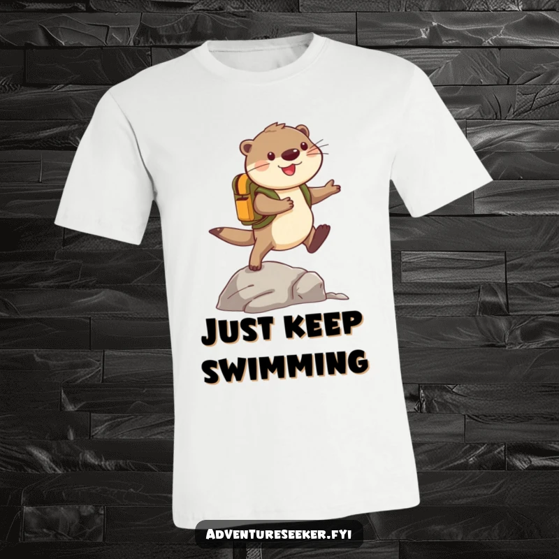 Funny Otter T-Shirt: A cheerful otter adventurer with a backpack jumps over a rock, embodying joy and a love for exploration, great for gifts.