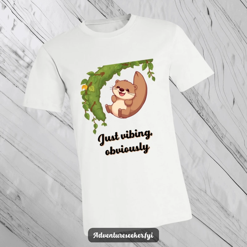 Funny t-shirt showcasing a giggling otter character joyfully sliding down a vibrant, mossy jungle vine, radiating pure happiness.