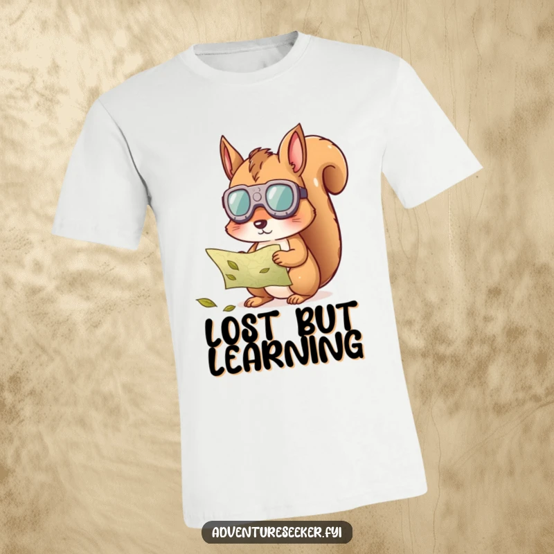 Funny squirrel character t-shirt, wearing tiny goggles and intensely studying a map made of leaves, looking confused.