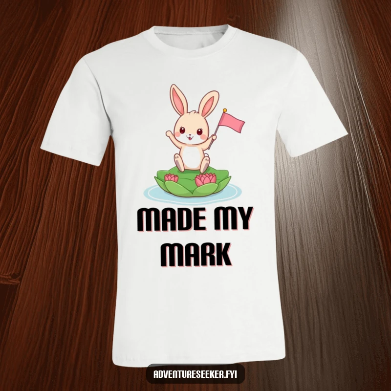 Funny Bunny T-Shirt: Playful bunny triumphantly planting a tiny flag on a floating lily pad with a happy hop.