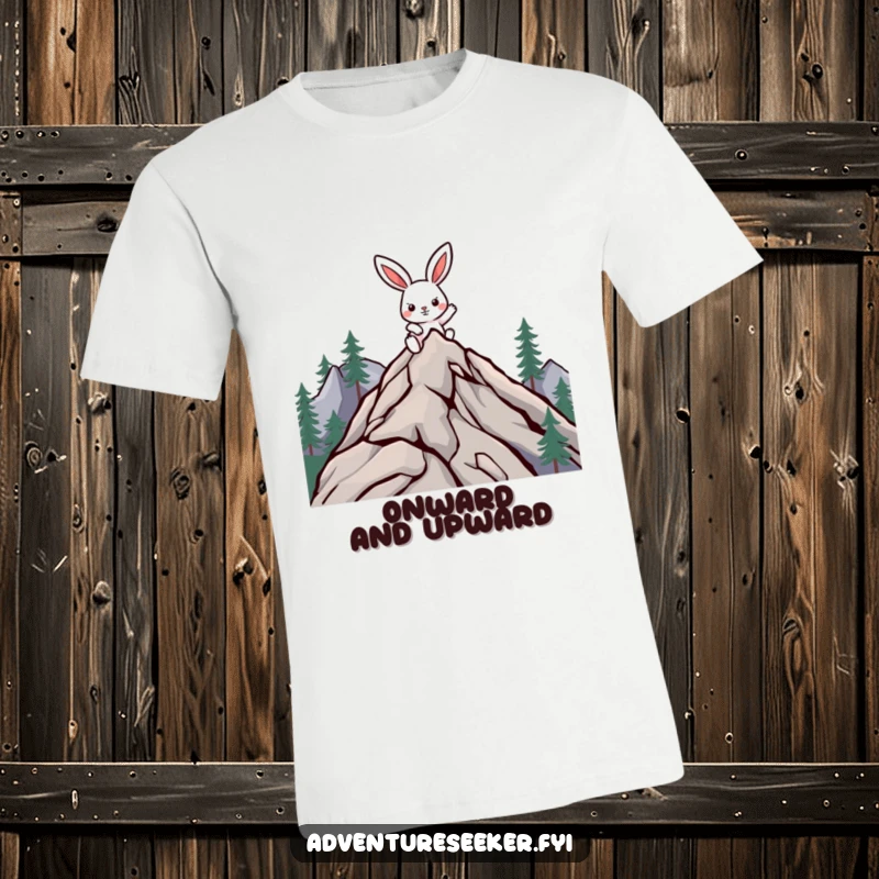 Funny climber rabbit t-shirt featuring a determined character ascending a mountain, embodying perseverance and humor.