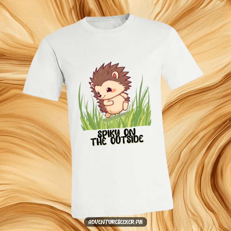 Funny hedgehog t-shirt depicting a brave character rolling with a determined spirit through tall grass, embodying resilience.