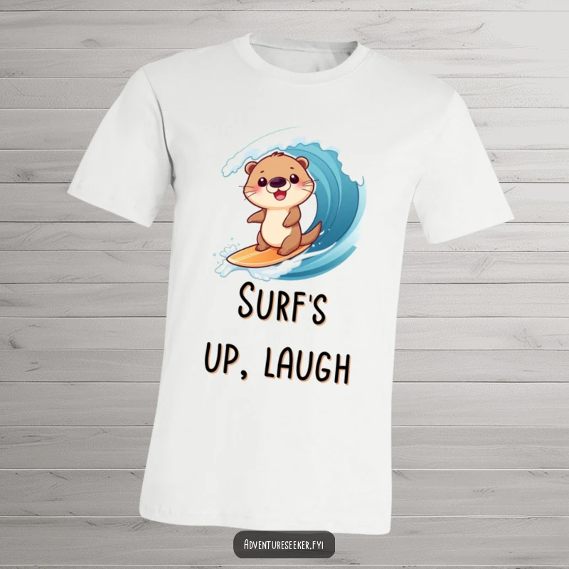 Funny t-shirt depicting a gleeful otter character expertly riding a huge wave on a small surfboard, exuding pure beachy joy, a great gift.