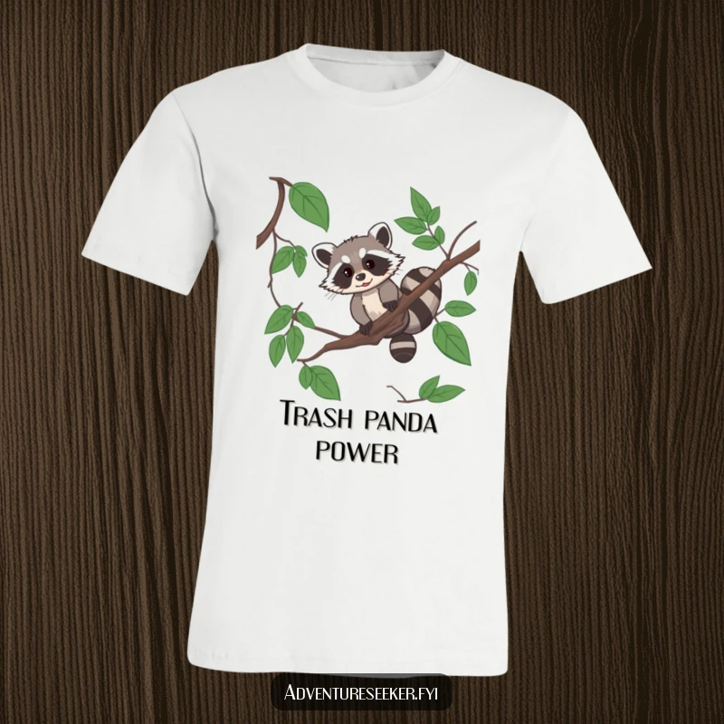 Funny raccoon acrobat t-shirt featuring a resourceful raccoon swinging on a jungle vine with skill.