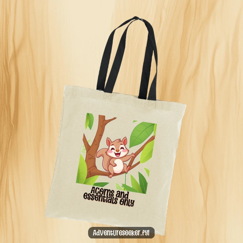 Funny tote bag with a delighted squirrel grinning as it navigates a jungle vine, perfect for carrying items with a sense of adventure.