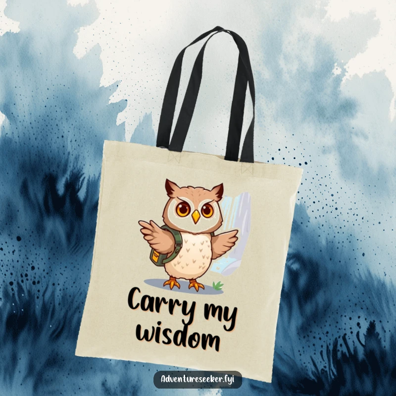 Funny owl explorer tote bag, with a brave owl in a backpack pointing the way to a distant, shimmering waterfall.