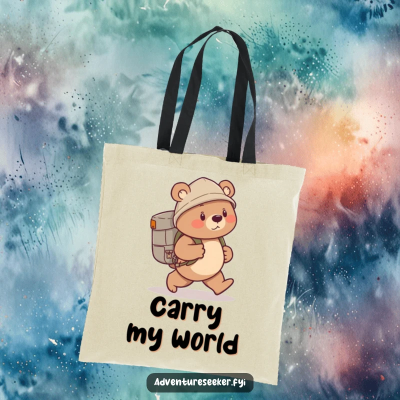 Funny bear explorer tote bag with a cute, determined bear carrying a backpack, perfect for everyday adventures.