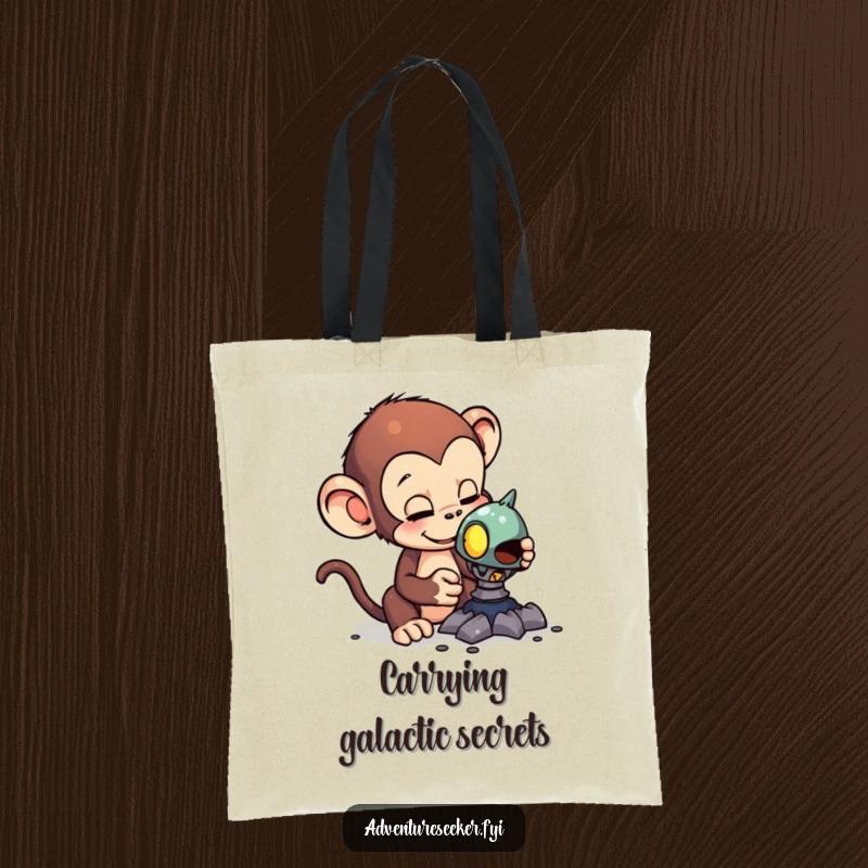 Funny tote bag with a curious monkey examining a strange alien artifact, perfect for carrying items with a sense of discovery.