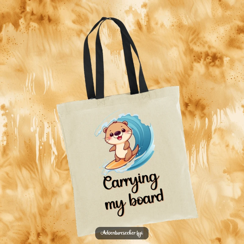 Funny tote bag showcasing a giggling otter character skillfully surfing a massive wave, perfect for beach trips, a humorous and practical accessory.