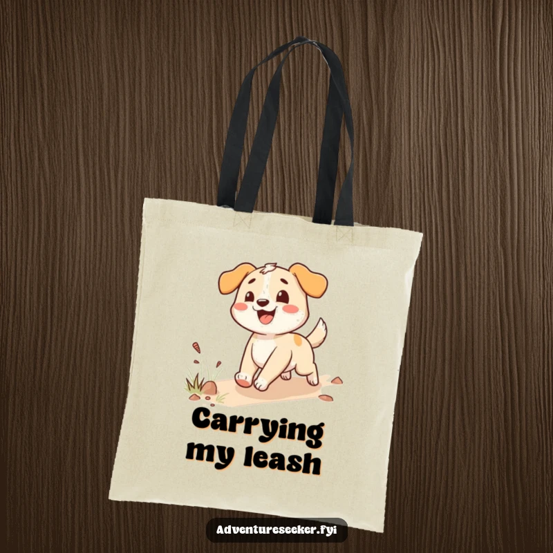 Funny happy dog tote bag with an enthusiastic character following a trail, perfect for carrying everyday items.