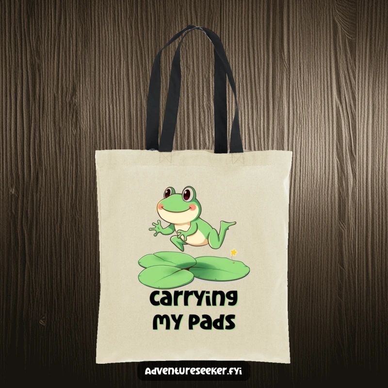 Funny smiling frog character on a tote bag leaping across large lily pads. A practical funny gift.
