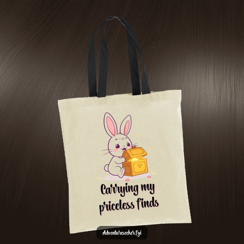 Funny tote bag with a surprised rabbit discovering a glowing treasure chest, perfect for carrying essentials with a sense of discovery.