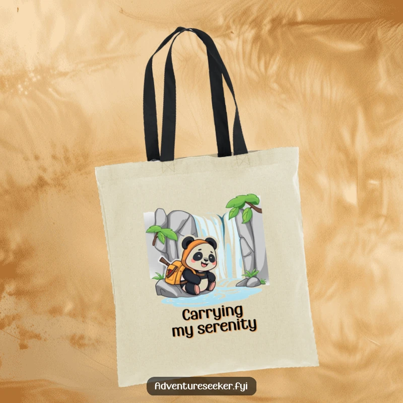 Funny tote bag with a content panda adventurer resting happily next to a stylized waterfall, perfect for carrying daily items.